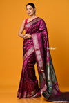 Param Sundari EXCLUSIVE~ Regal Allure – Handloom Pure Silk Wine Maharani Paithani Saree with Silver Zari - verymuchindian.com
