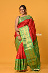 Param Sundari ~ Gadwal Pure Silk Handloom Saree in Royal Red with Green Border - verymuchindian.com