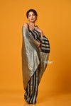 Param Sundari ~ Golden Earth ~ Munga Silk Saree in Black Gold with Subtle Stripes - verymuchindian.com