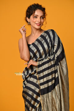 Param Sundari ~ Golden Earth ~ Munga Silk Saree in Black Gold with Subtle Stripes - verymuchindian.com