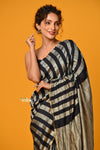 Param Sundari ~ Golden Earth ~ Munga Silk Saree in Black Gold with Subtle Stripes - verymuchindian.com