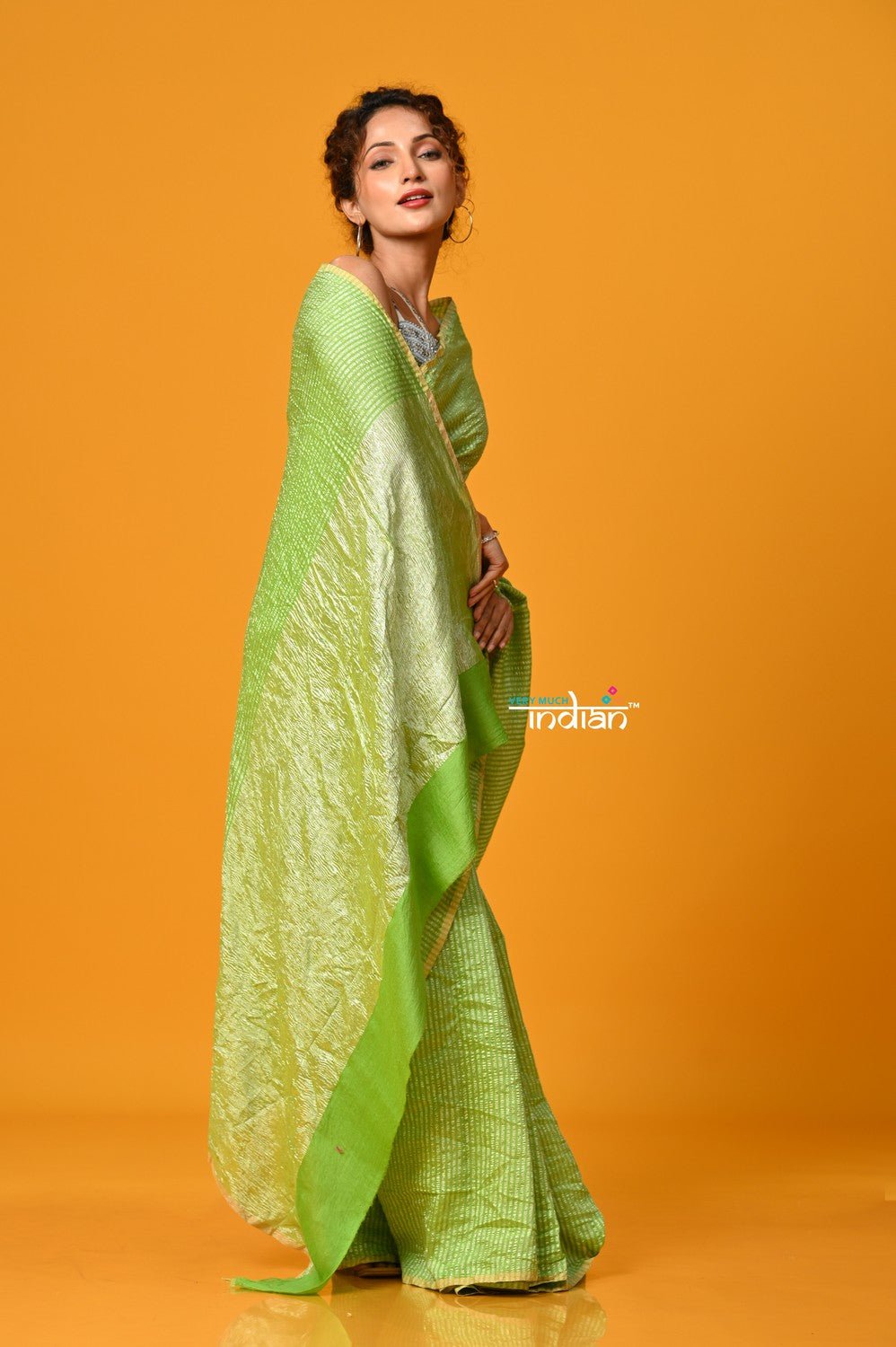 Param Sundari ~ Golden Earth ~ Munga Silk Saree in Fern Green with Subtle Stripes - verymuchindian.com