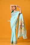 Param Sundari ~ Handloom Pure Cotton Paithani With Parrot Pallu in Sea Blue - verymuchindian.com