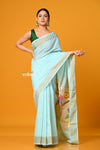 Param Sundari ~ Handloom Pure Cotton Paithani With Parrot Pallu in Sea Blue - verymuchindian.com