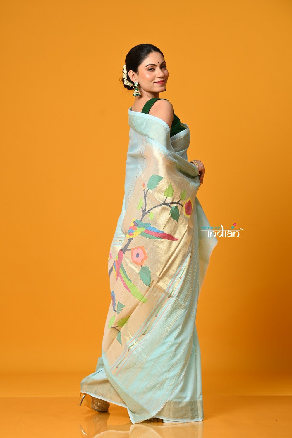 Param Sundari ~ Handloom Pure Cotton Paithani With Parrot Pallu in Sea Blue - verymuchindian.com