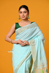 Param Sundari ~ Handloom Pure Cotton Paithani With Parrot Pallu in Sea Blue - verymuchindian.com