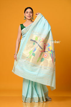 Param Sundari ~ Handloom Pure Cotton Paithani With Parrot Pallu in Sea Blue - verymuchindian.com