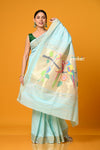 Param Sundari ~ Handloom Pure Cotton Paithani With Parrot Pallu in Sea Blue - verymuchindian.com