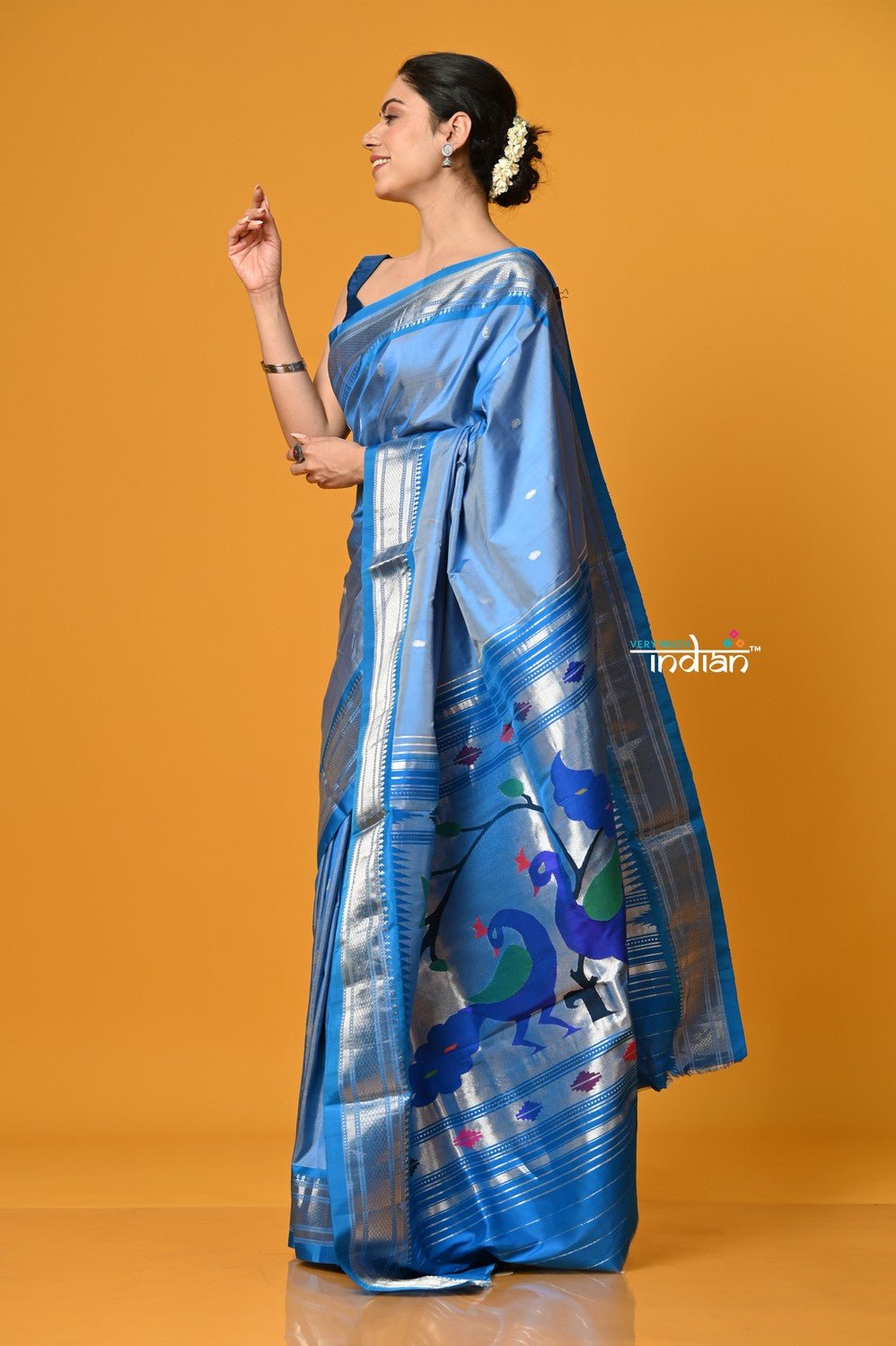 Param Sundari ~ Handloom Pure Silk Paithani Saree with Traditional Peacock Pallu ~ Powder Blue - verymuchindian.com