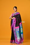 Param Sundari ~ Handloom Pure Silk Paithani with All Over Hand Bandhani in Black with Peacock Pallu - verymuchindian.com