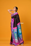 Param Sundari ~ Handloom Pure Silk Paithani with All Over Hand Bandhani in Black with Peacock Pallu - verymuchindian.com