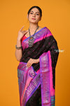 Param Sundari ~ Handloom Pure Silk Paithani with All Over Hand Bandhani in Black with Peacock Pallu - verymuchindian.com