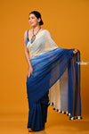 Param Sundari ~ Pure Mul Cotton Handloom Saree - Blue and White Hand-dyed - verymuchindian.com