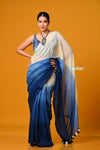 Param Sundari ~ Pure Mul Cotton Handloom Saree - Blue and White Hand-dyed - verymuchindian.com