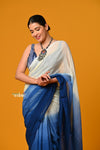 Param Sundari ~ Pure Mul Cotton Handloom Saree - Blue and White Hand-dyed - verymuchindian.com