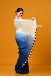 Param Sundari ~ Pure Mul Cotton Handloom Saree - Blue and White Hand-dyed - verymuchindian.com