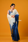 Param Sundari ~ Pure Mul Cotton Handloom Saree - Blue and White Hand-dyed - verymuchindian.com