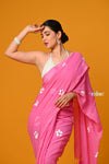 Param Sundari ~ Pure Mul Cotton Handloom Saree with Beautiful Floral Handpaint ~ Feather Pink - verymuchindian.com