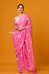 Param Sundari ~ Pure Mul Cotton Handloom Saree with Beautiful Floral Handpaint ~ Feather Pink - verymuchindian.com