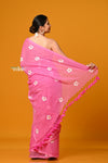 Param Sundari ~ Pure Mul Cotton Handloom Saree with Beautiful Floral Handpaint ~ Feather Pink - verymuchindian.com
