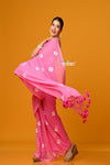 Param Sundari ~ Pure Mul Cotton Handloom Saree with Beautiful Floral Handpaint ~ Feather Pink - verymuchindian.com
