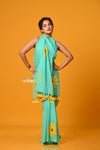 Param Sundari~ Pure Mul Cotton Handloom Saree with Beautiful Floral Handpaint ~ Sea Green - verymuchindian.com