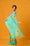 Param Sundari~ Pure Mul Cotton Handloom Saree with Beautiful Floral Handpaint ~ Sea Green - verymuchindian.com