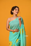 Param Sundari~ Pure Mul Cotton Handloom Saree with Beautiful Floral Handpaint ~ Sea Green - verymuchindian.com