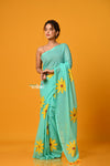 Param Sundari~ Pure Mul Cotton Handloom Saree with Beautiful Floral Handpaint ~ Sea Green - verymuchindian.com