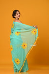 Param Sundari~ Pure Mul Cotton Handloom Saree with Beautiful Floral Handpaint ~ Sea Green - verymuchindian.com