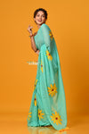 Param Sundari~ Pure Mul Cotton Handloom Saree with Beautiful Floral Handpaint ~ Sea Green - verymuchindian.com