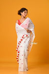 Param Sundari ~ Pure Mul Cotton Handloom Saree with Beautiful Flowers ~ White - verymuchindian.com