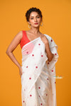 Param Sundari ~ Pure Mul Cotton Handloom Saree with Beautiful Flowers ~ White - verymuchindian.com