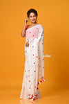 Param Sundari ~ Pure Mul Cotton Handloom Saree with Beautiful Flowers ~ White - verymuchindian.com