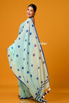 Param Sundari ~ Pure Mul Cotton Handloom Saree with Evergreen Polka Dots ~ Cyan Blue - verymuchindian.com