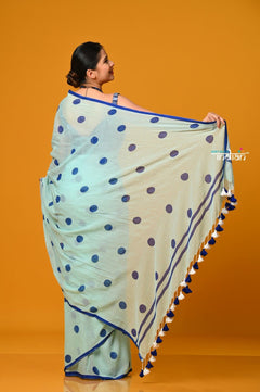 Param Sundari ~ Pure Mul Cotton Handloom Saree with Evergreen Polka Dots ~ Cyan Blue - verymuchindian.com