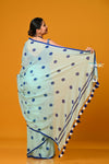 Param Sundari ~ Pure Mul Cotton Handloom Saree with Evergreen Polka Dots ~ Cyan Blue - verymuchindian.com
