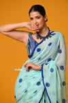 Param Sundari ~ Pure Mul Cotton Handloom Saree with Evergreen Polka Dots ~ Cyan Blue - verymuchindian.com