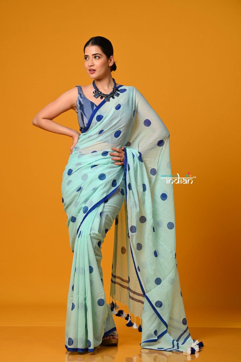 Param Sundari ~ Pure Mul Cotton Handloom Saree with Evergreen Polka Dots ~ Cyan Blue - verymuchindian.com