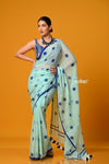 Param Sundari ~ Pure Mul Cotton Handloom Saree with Evergreen Polka Dots ~ Cyan Blue - verymuchindian.com