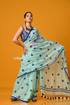 Param Sundari ~ Pure Mul Cotton Handloom Saree with Evergreen Polka Dots ~ Cyan Blue - verymuchindian.com