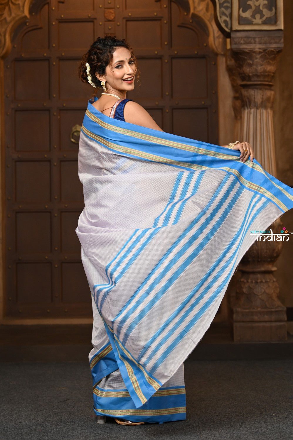 Parampara ~ Cotton Blend Saree in Regal Saline Blue with Exclusive Zari Border & Pallu - verymuchindian.com