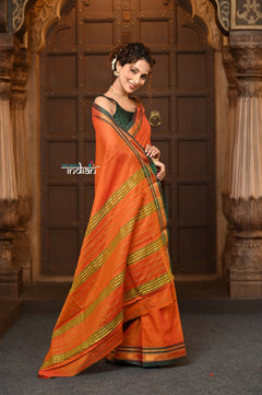 Parampara ~ Cotton Blend Saree in Regal Sapphire Orange with Exclusive Zari Border & Pallu - verymuchindian.com