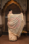 Parampara ~ Elegant Beige Cotton Viscose Saree with Exquisite Hand-Painted Madhubani Art - verymuchindian.com
