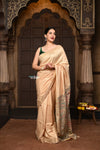 Parampara ~ Elegant Beige Cotton Viscose Saree with Exquisite Hand-Painted Madhubani Art - verymuchindian.com