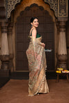 Parampara ~ Elegant Beige Cotton Viscose Saree with Exquisite Hand-Painted Madhubani Art - verymuchindian.com