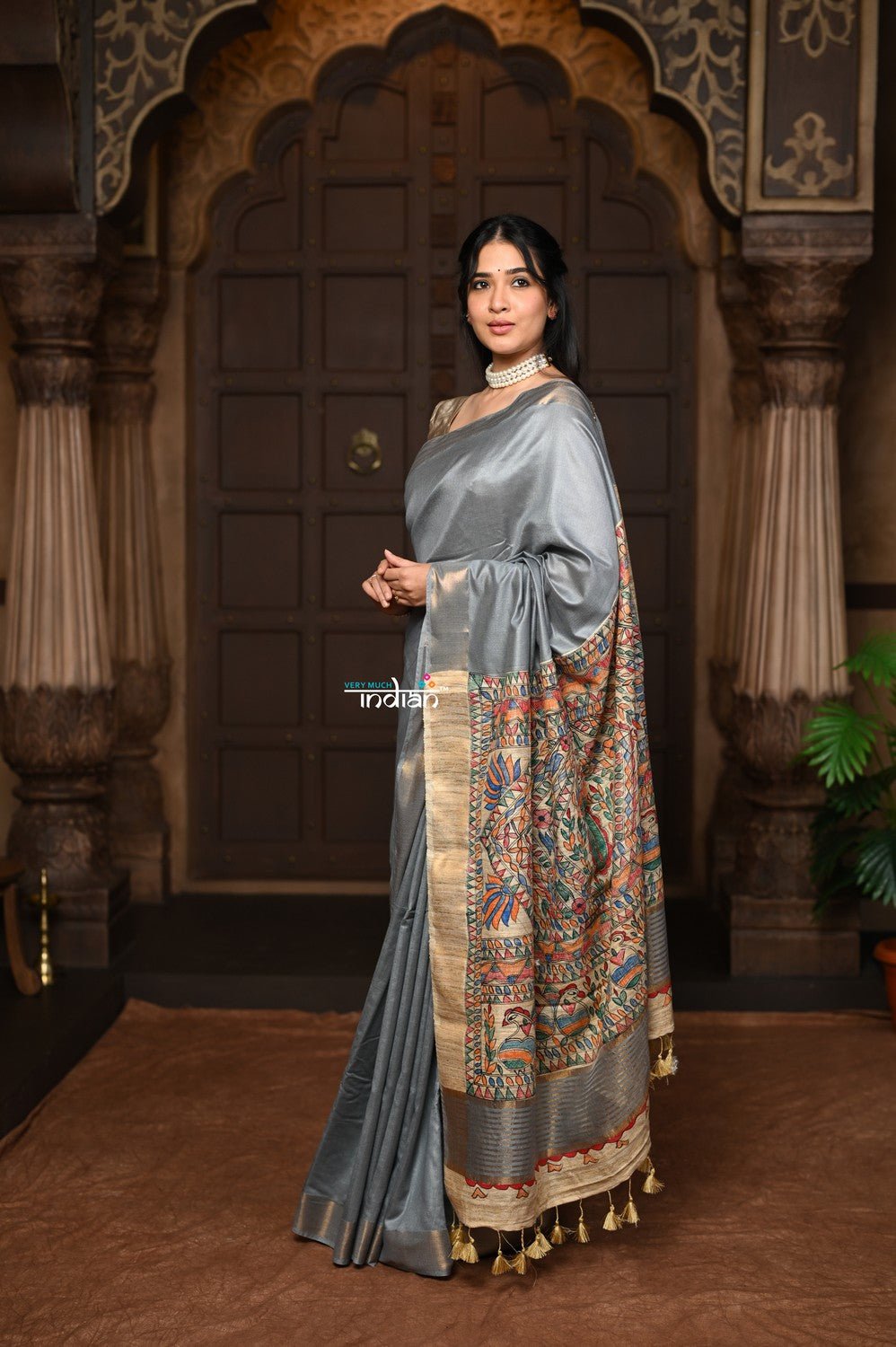 Parampara ~ Elegant Cotton Viscose Saree with Exquisite Hand-Painted Madhubani Art in Royal Ochre - verymuchindian.com