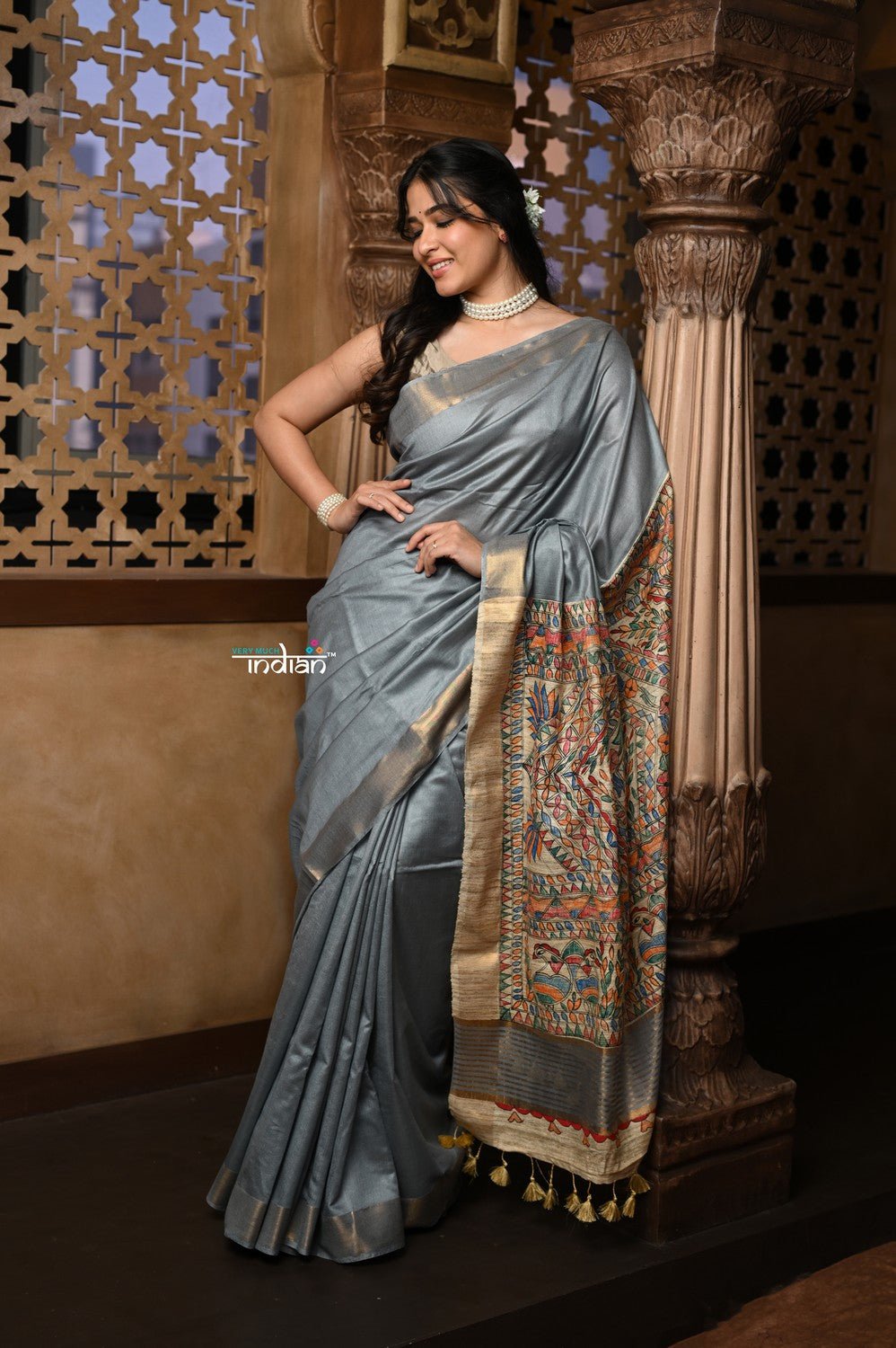 Parampara ~ Elegant Cotton Viscose Saree with Exquisite Hand-Painted Madhubani Art in Royal Ochre - verymuchindian.com