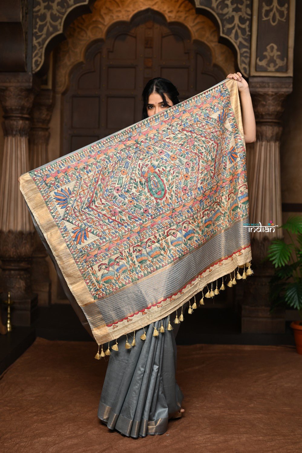Parampara ~ Elegant Cotton Viscose Saree with Exquisite Hand-Painted Madhubani Art in Royal Ochre - verymuchindian.com
