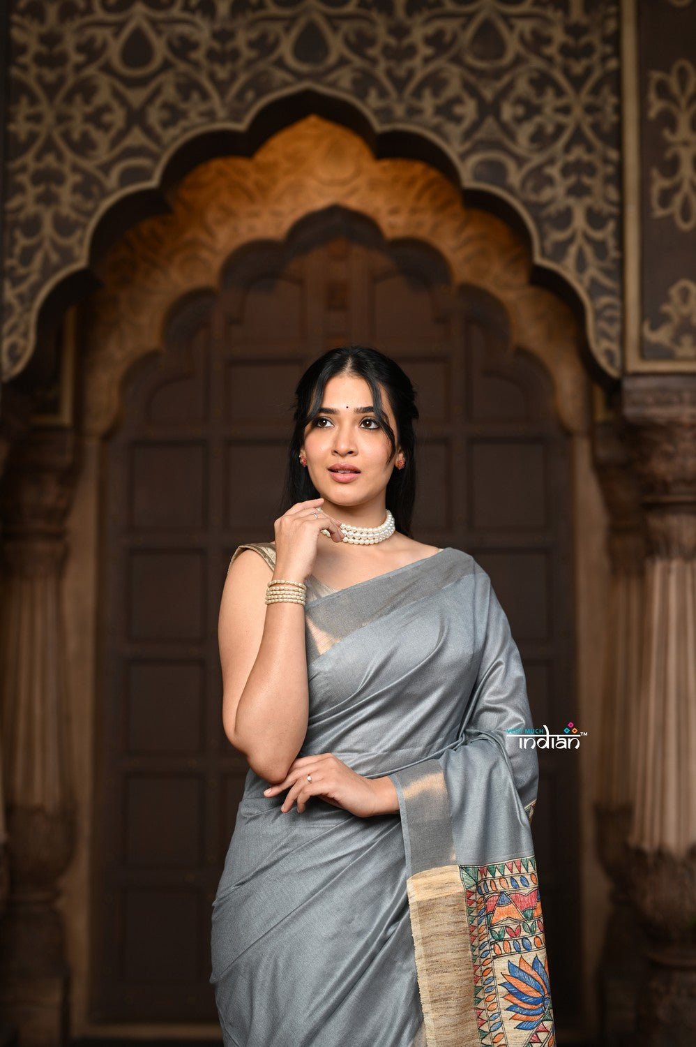 Parampara ~ Elegant Cotton Viscose Saree with Exquisite Hand-Painted Madhubani Art in Royal Ochre - verymuchindian.com